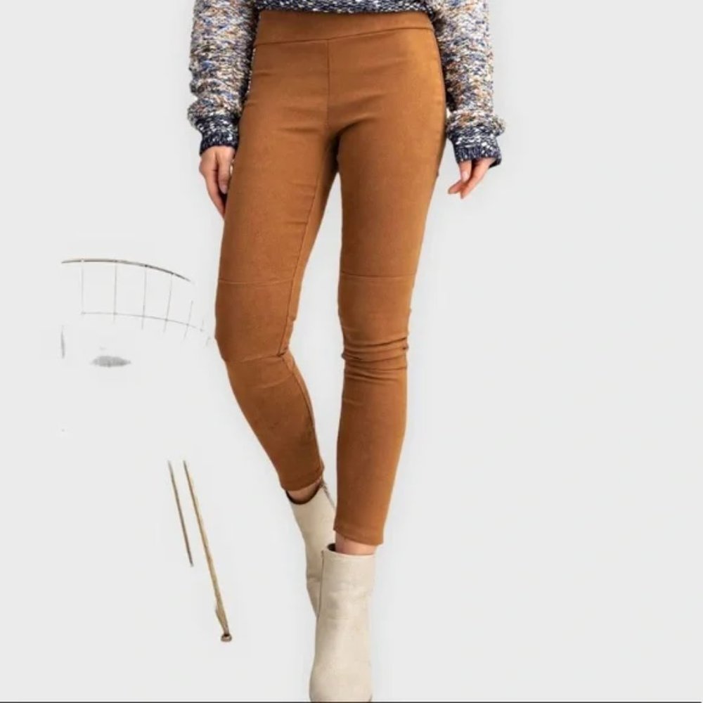 NEW EASEL Writing Songs Tan Camel Vegan Suede Knit Moto Leggings | Size S
